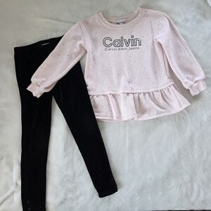Calvin Klein Pink Sweater Top and Black Velour Leggings Set Size 6. Ruffles.